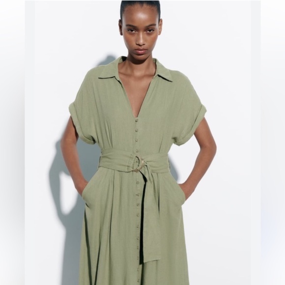 Zara Olive Green Linen Belted Midi Dress in Medium - Picture 1 of 11